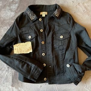 black denim jacket with embellishments on collar.